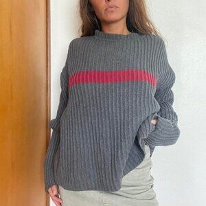 Iconic ribbed asymmetrical sweater with button detail dark navy and brownish col